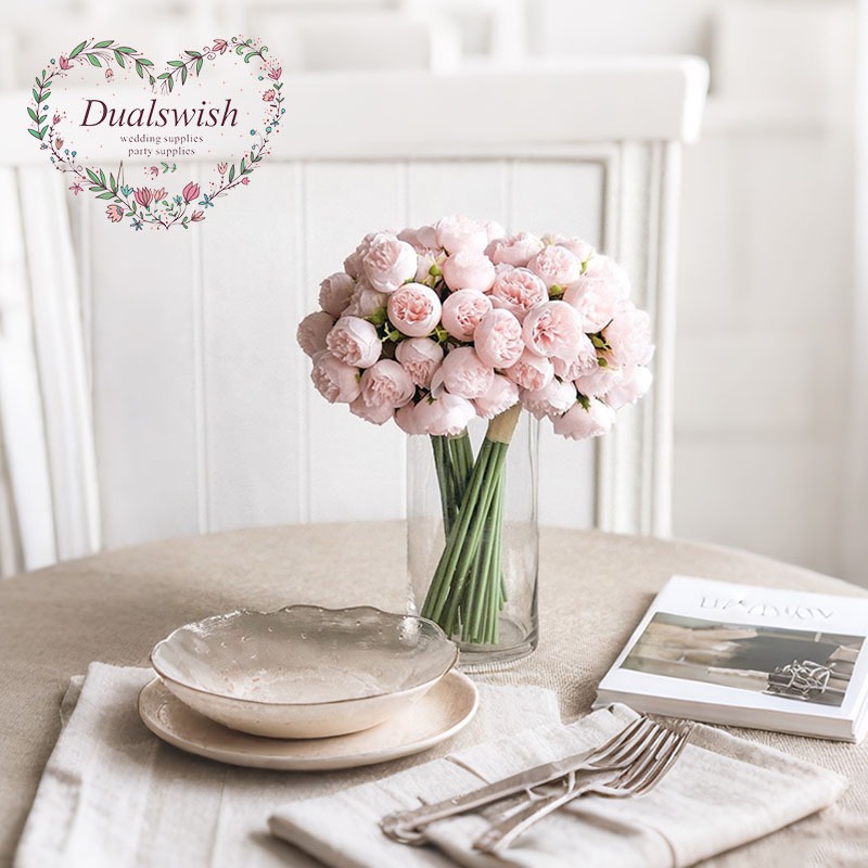 27 Heads Artificial Camellia Flowers Peony Rose Bouquet Bride