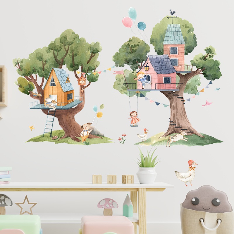 Cartoon Animals Kids Trees Houses Wall Sticker Child Room Home ...