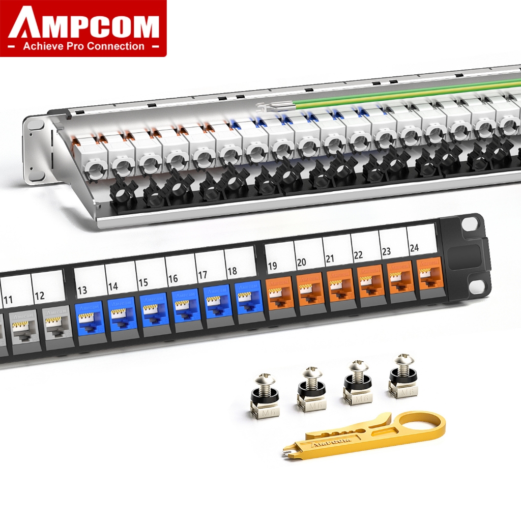AMPCOM 1U 24-Port Keystone Patch Panel, UTP/STP Rack-Mounted with Rear ...
