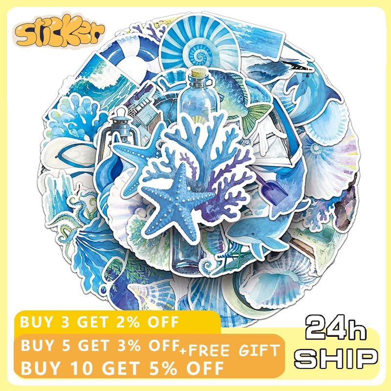 50pcs Ins Style Blue Ocean Stickers Ocean Conch Graffiti Decals DIY ...