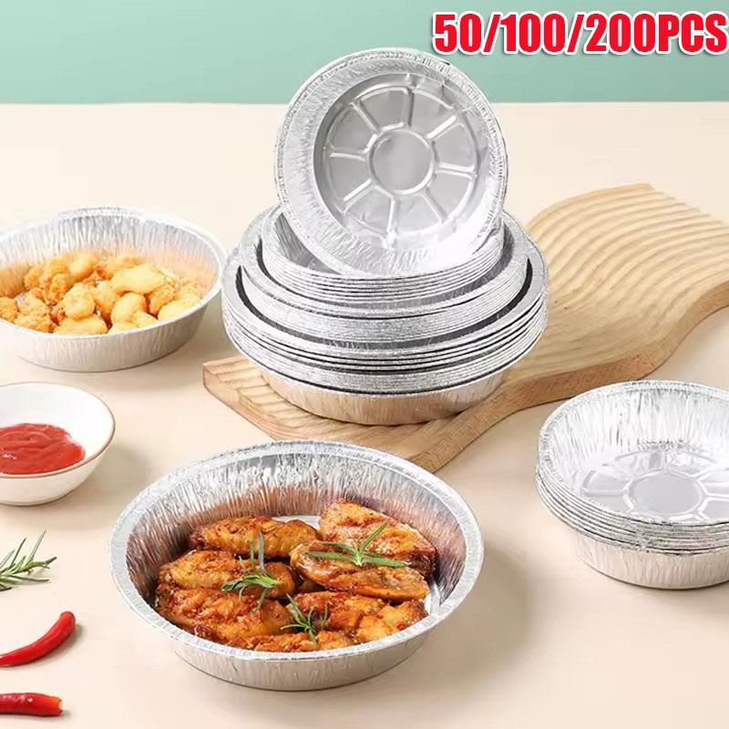 50/100/200Pcs Round Foil Trays Foil Flan Dish Silver Foil Food ...
