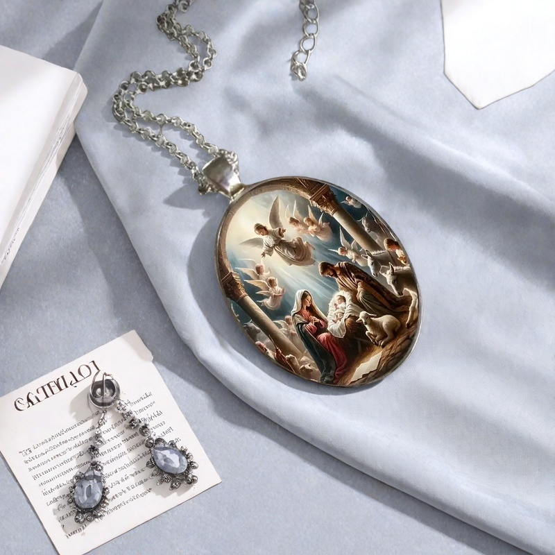 Religious Virgin Mary Mother & Child Oval Pendant Necklace - Stained ...