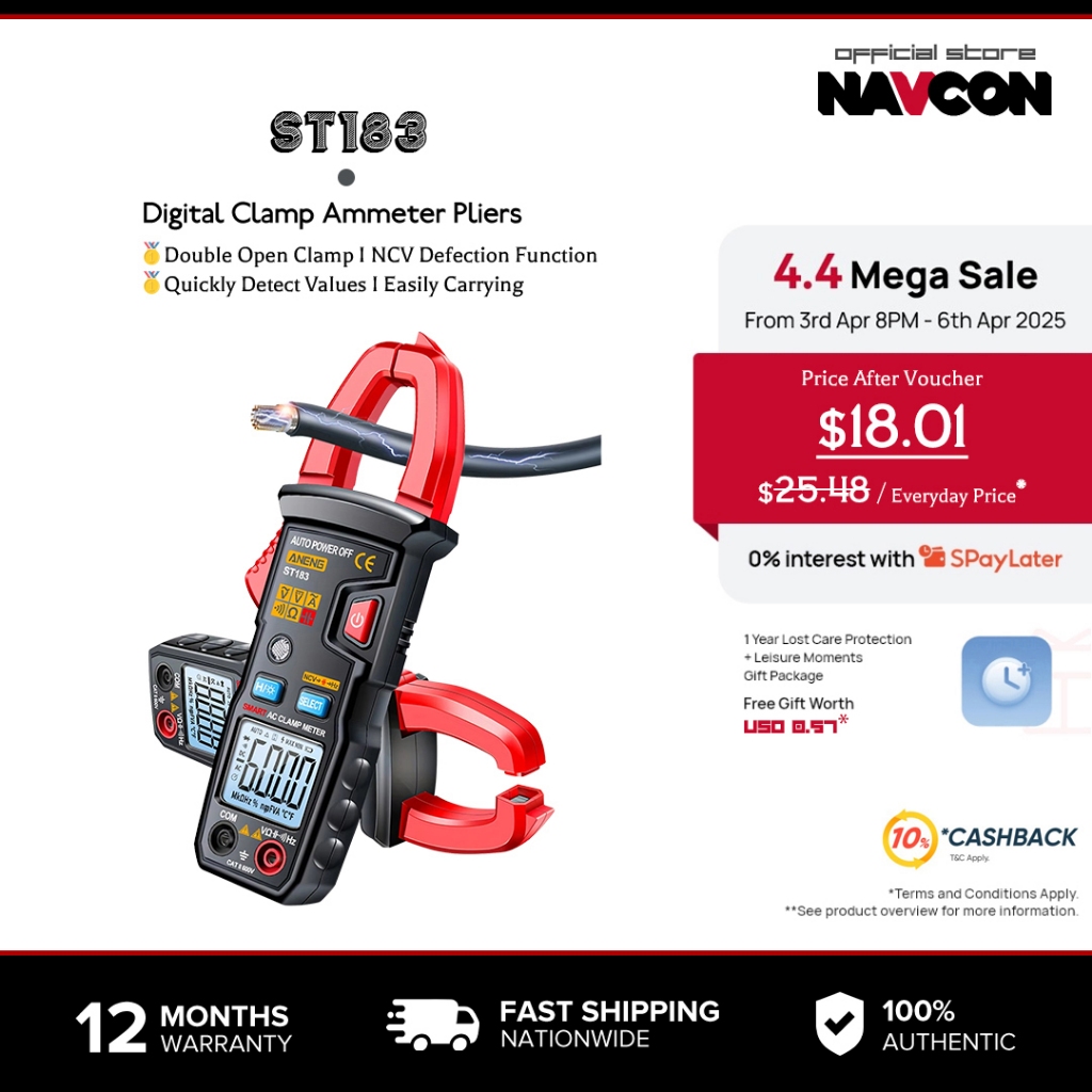 Navcon ST183 Digital Clamp Ammeter Pliers AC Current 6000 Counts True ...