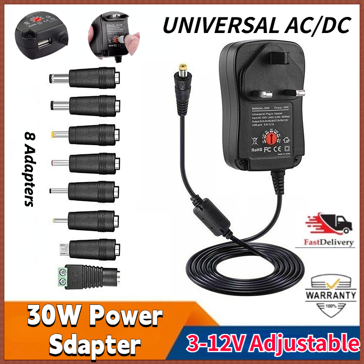 Adaptateur secteur réglable 3-12V DC, 12W, multi-connecteurs