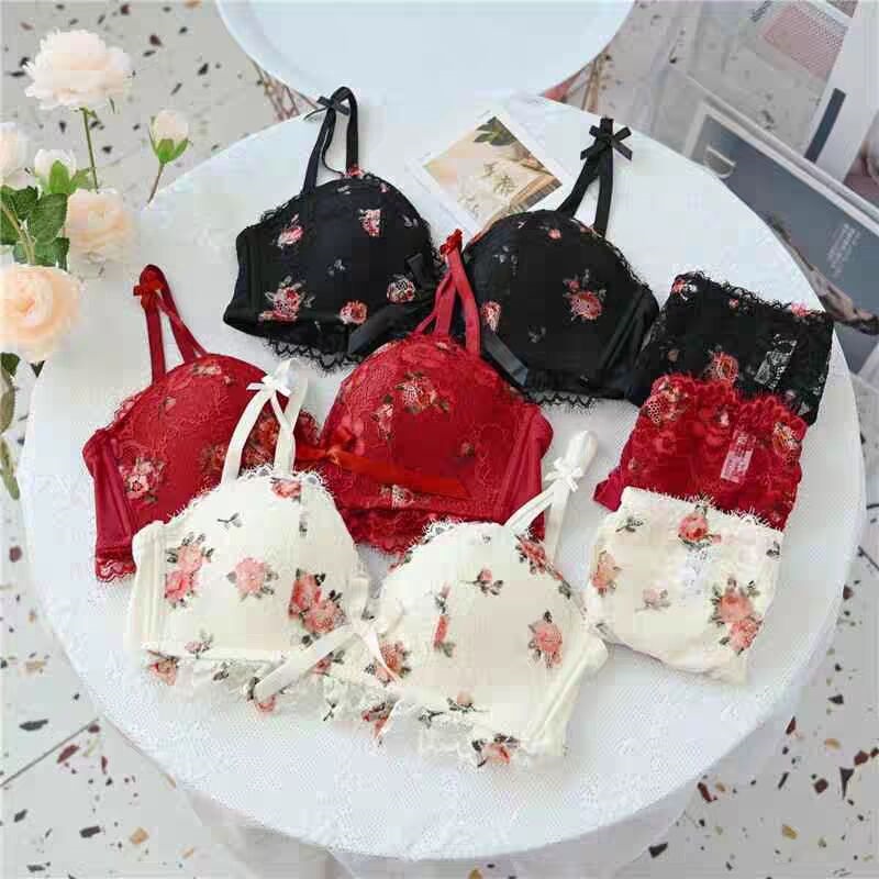 【1 Set 】3 Color Fashion Lovely Lace Floral Girl Wireless Panties Bra ...