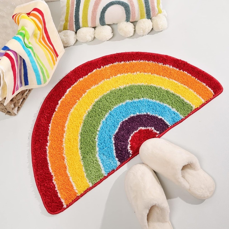 Rainbow Design Colorful Carpet Half-round Furry Bathroom Door Mat ...