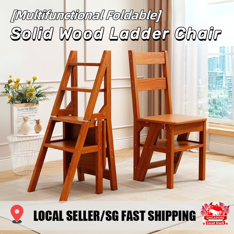 SG STOCK Solid Wood Convertible Ladder Chair & Shelf Multifunctional ...