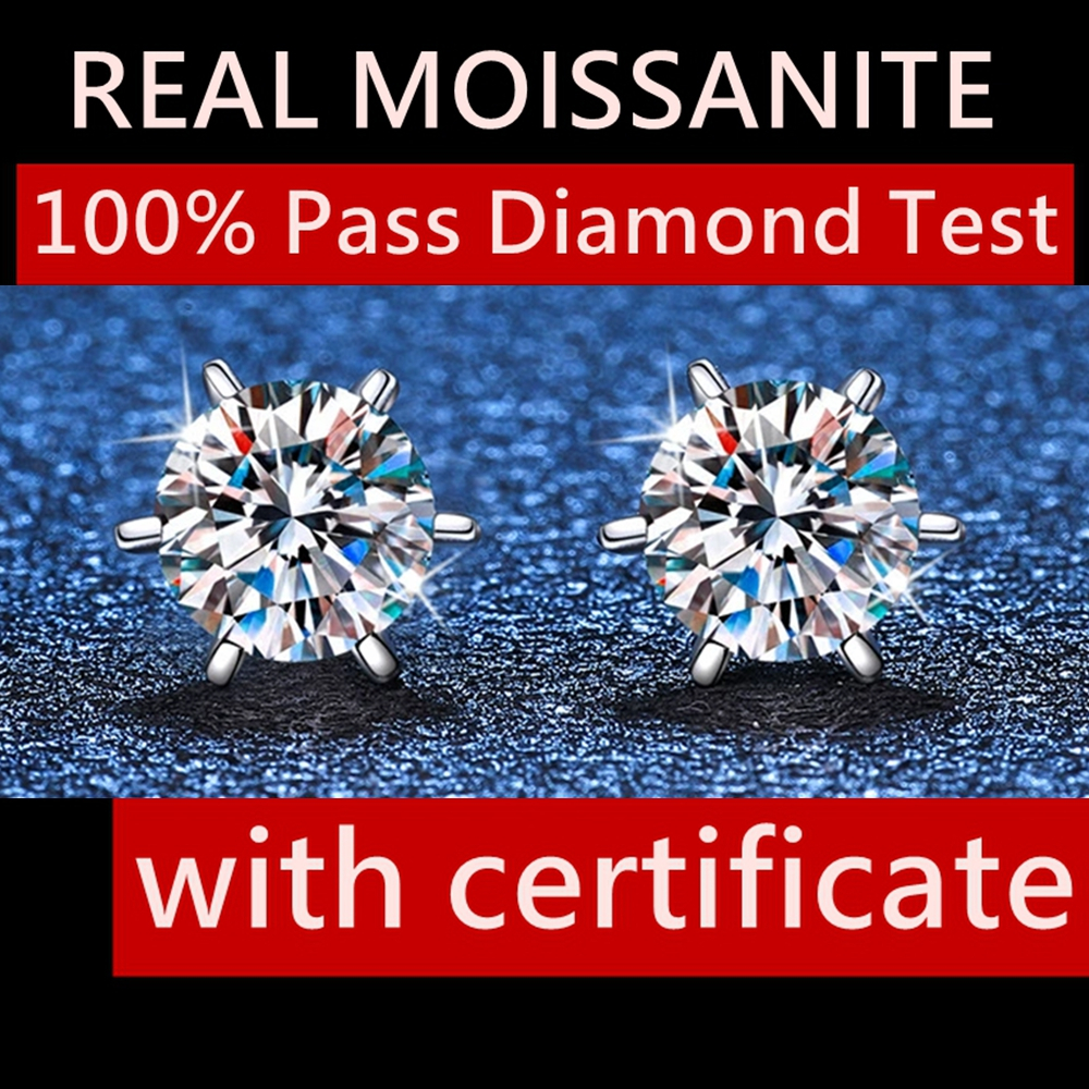 Real Moissanite Six Prong stud Earrings Round Cut D Color S925 Silver ...