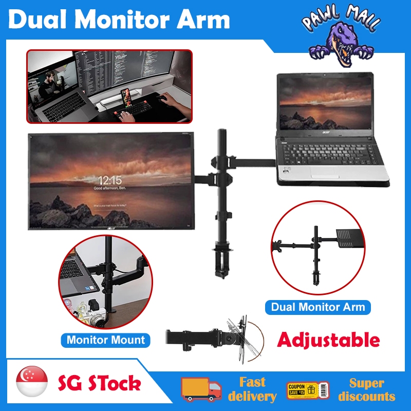 Dual Monitor Arm Stand with Free Standing Base & Stealth Laptop Tra ...
