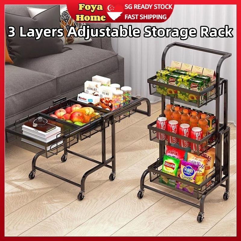 3-layer adjustable trolley storage rack portable shelf storage basket ...