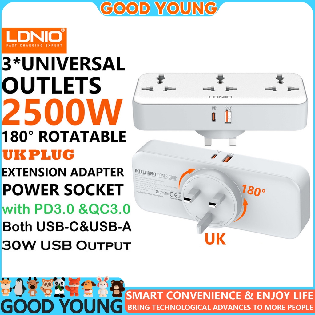 LDNIO 2500W Universal Outlet Extension Power Socket 180° Rotatable UK ...