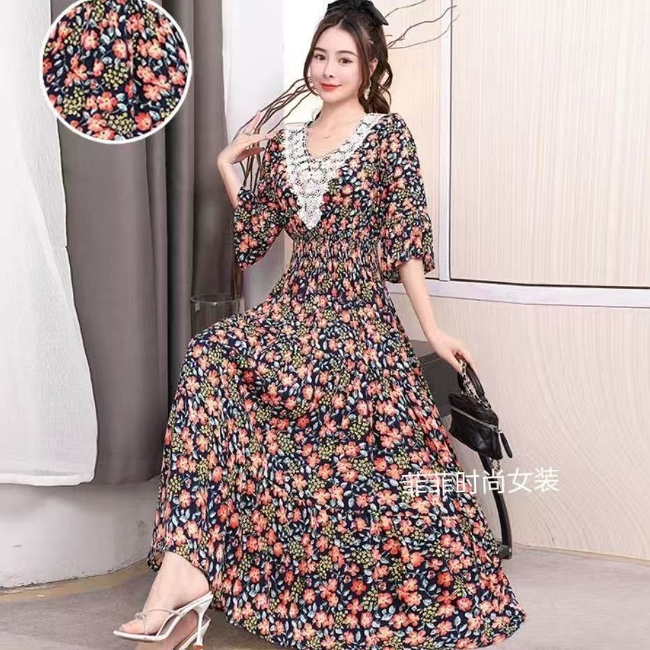 THHONE Indian Dress Women Maxi Long Sexy Lace V Neck Baju Clothes Summer  Clothes Bohemian Boho Cotton Linen Floral Beach Short Sleeve Korean Style  Casual Patchwork Vintage Retro