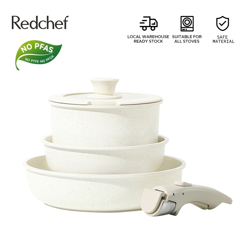 Redchef white non stick granite cookware set with detachable handle no ...