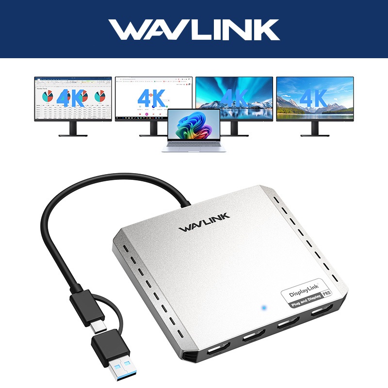 WAVLINK Quad 4K@60Hz Universal Display Adapter DisplayLink 4 HDMI Ports ...