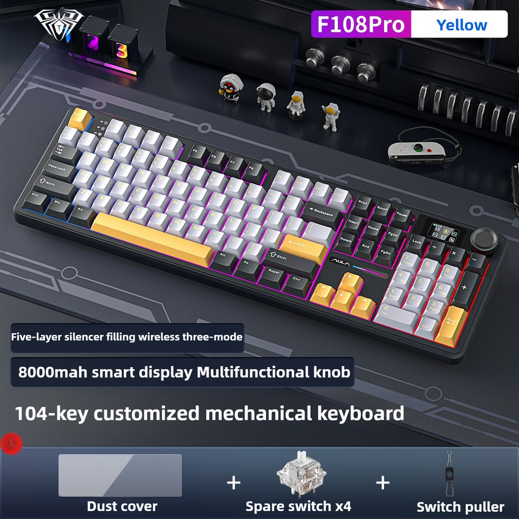 AULA F108 Pro 3 Mode Wireless Mechanical Keyboard with Display Konb RGB ...