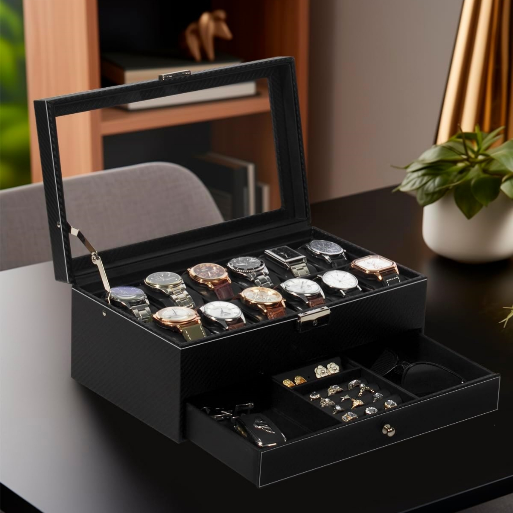 【24Hours Ship】12-Slot Watch Box PU Leather Case Organizer with Jewelry ...