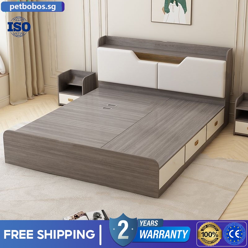 Wooden Storage High Box With Mattress Super Single/Queen/King Size Bed ...