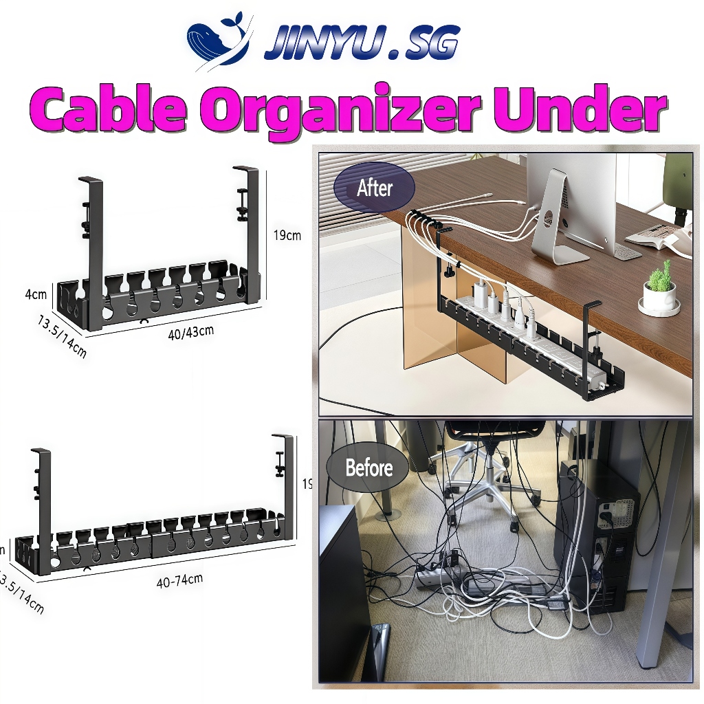 Cable Organizer Extendable 43-74cm Wire Management Under Desk Double ...