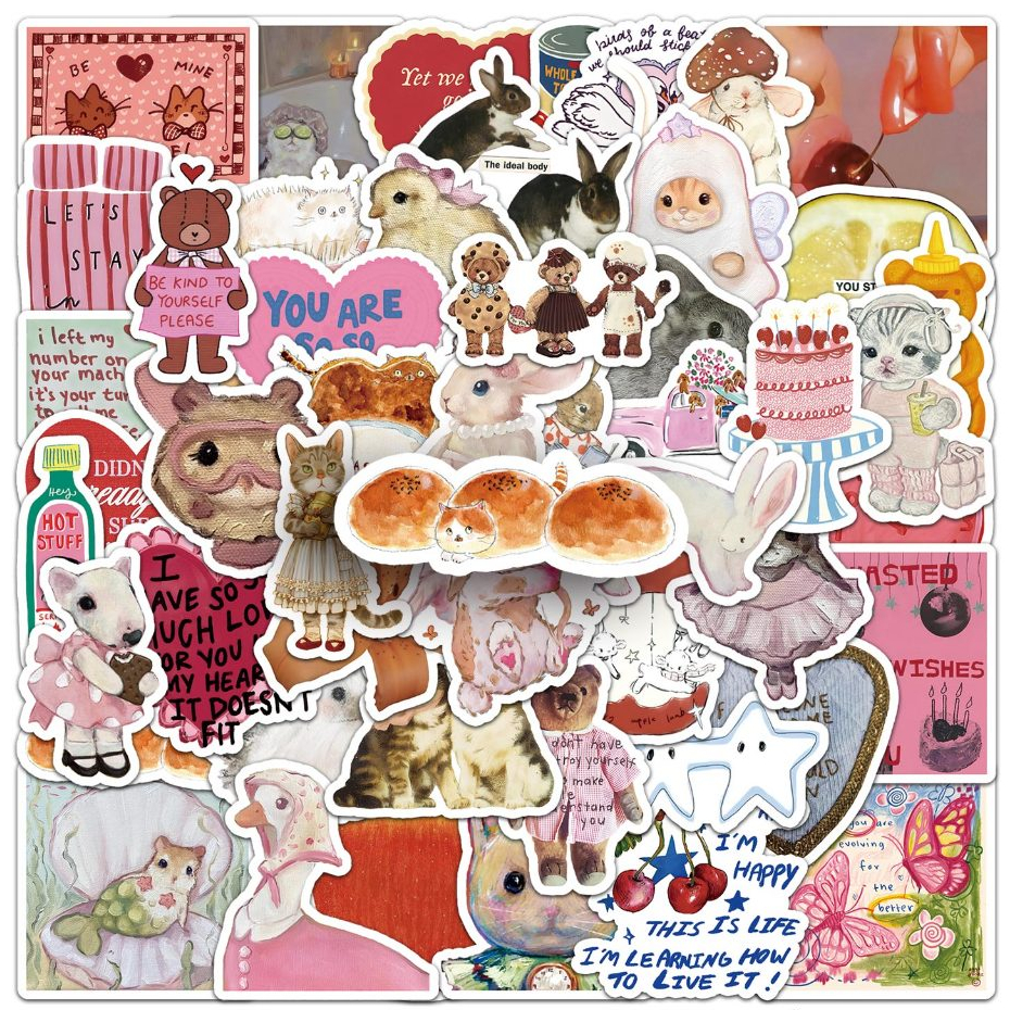 Retro 50Piece Cute Cartoon Pink Stickers For Phone Laptop Helmet ...