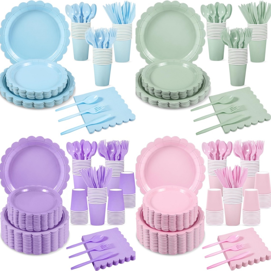 Solid Color Theme Disposable Tableware Light Blue/Pink/Purple/Sage ...
