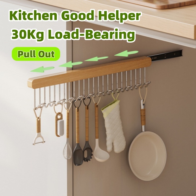 Kitchen Pull Out Pan Hanging Rack Wooden Wardrobe Slide Hanger Hooks ...