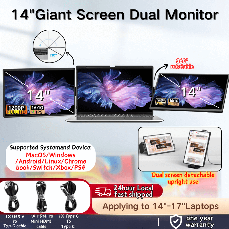 14” Dual-Screen 1200P Portable Monitor For Laptop Extender Screen ...