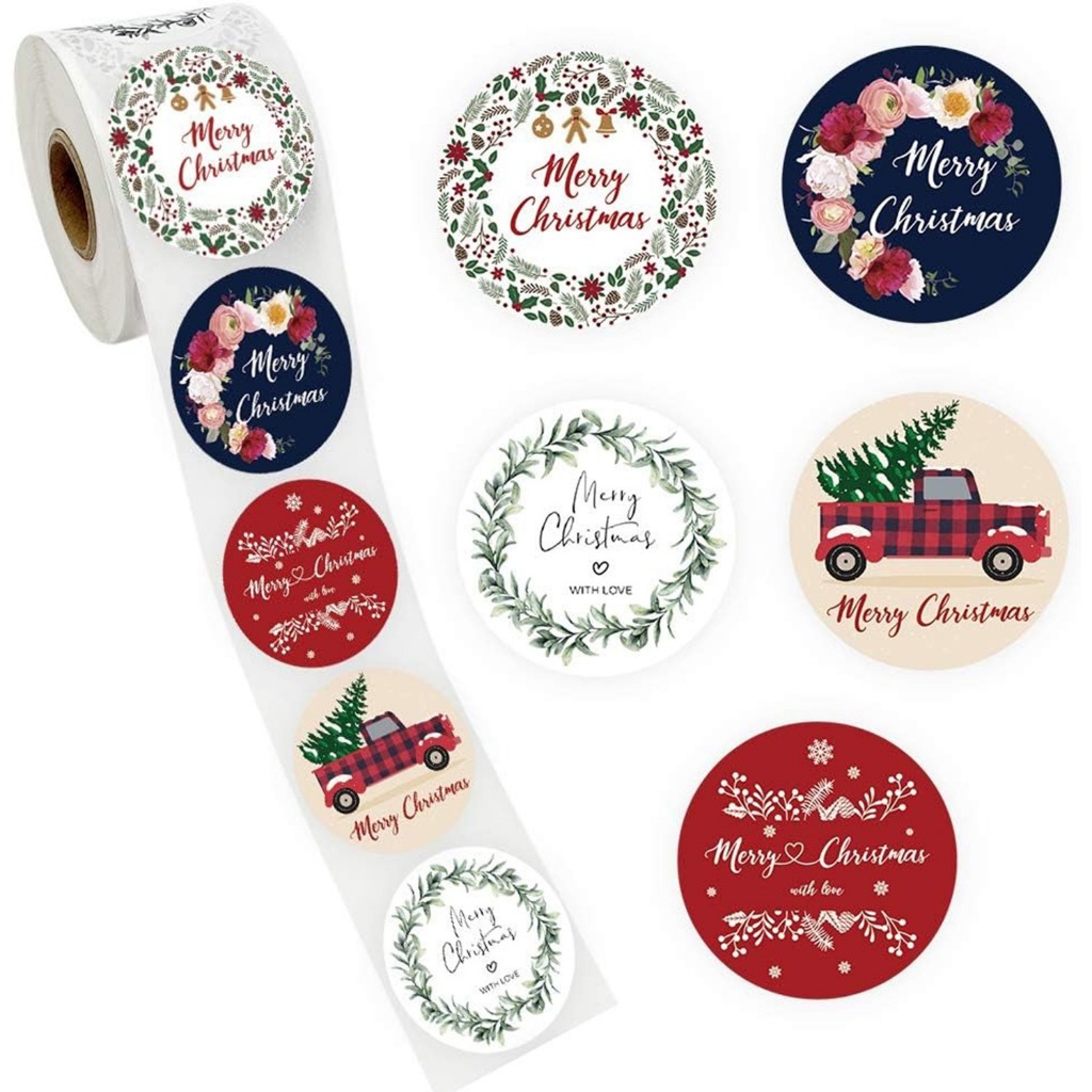 500pcs 1 inch Merry Christmas Stickers Roll, 5 Patterns Xmas Holiday ...