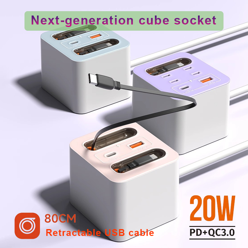 20W Magic Cube Retractable Charger with 80cm Cable - Fast USB-A/C Multi ...