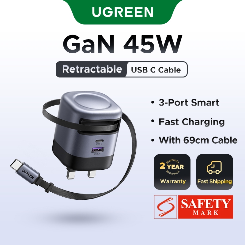 【Retractable Cable Charger】UGREEN 45W/65W/100W 3/4 Ports GaN Built-in ...