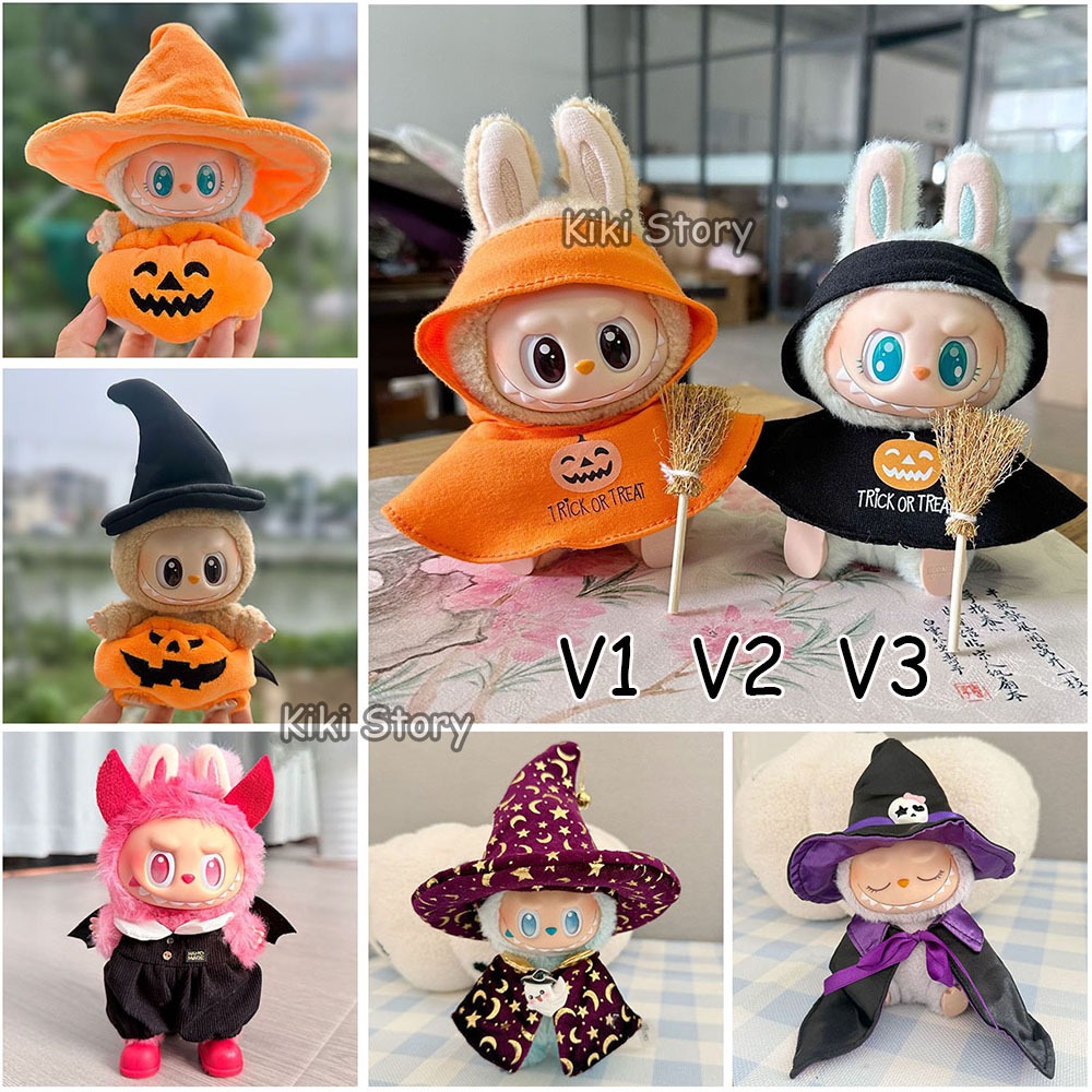 17CM 15CM Labubu Mini Doll V1 V2 V3 Halloween Clothes Pumpkin Jumpsuit ...