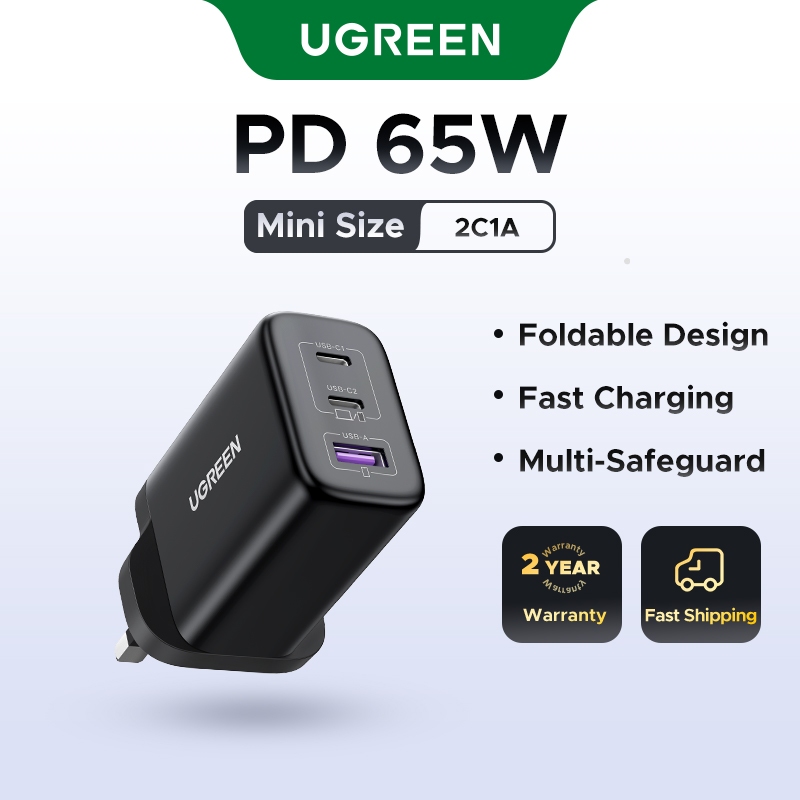 UGREEN GaN 65W 3Ports USBA USBC Fast Charger Adapter Compatible with