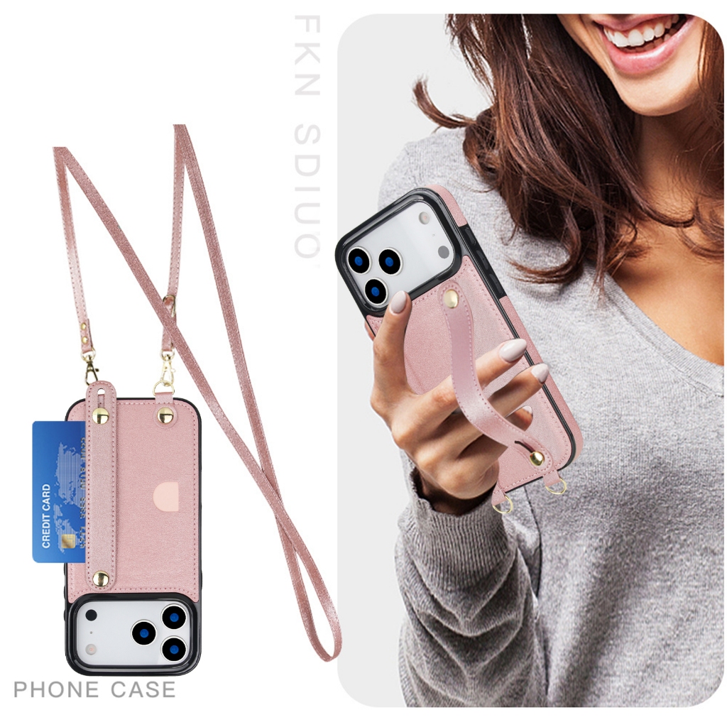 Leather Case For iphone 14 pro max Card Case With diagonal Strap ...