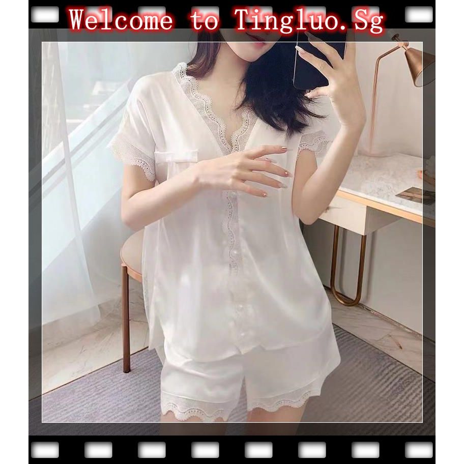 Satin Pajamas Women's Summer Ice Silk Short-Sleeved Pyjamas Set Thin ...