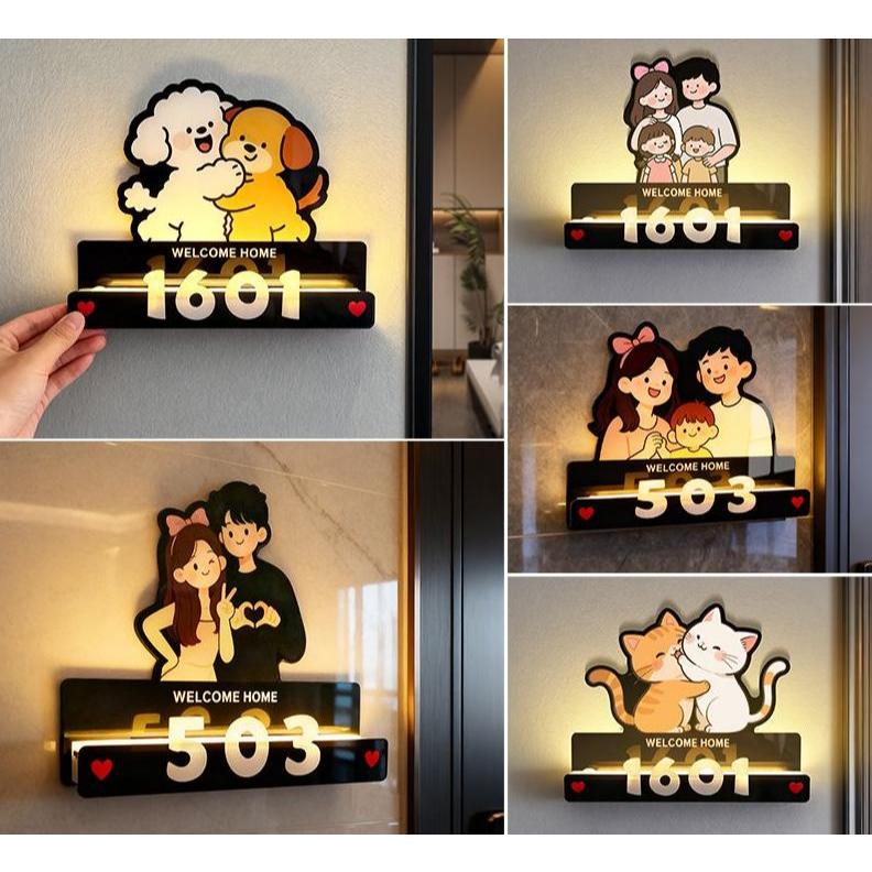 Cute Cartoon Family Door Sign with Light HDB Unit walnu twood unit ...