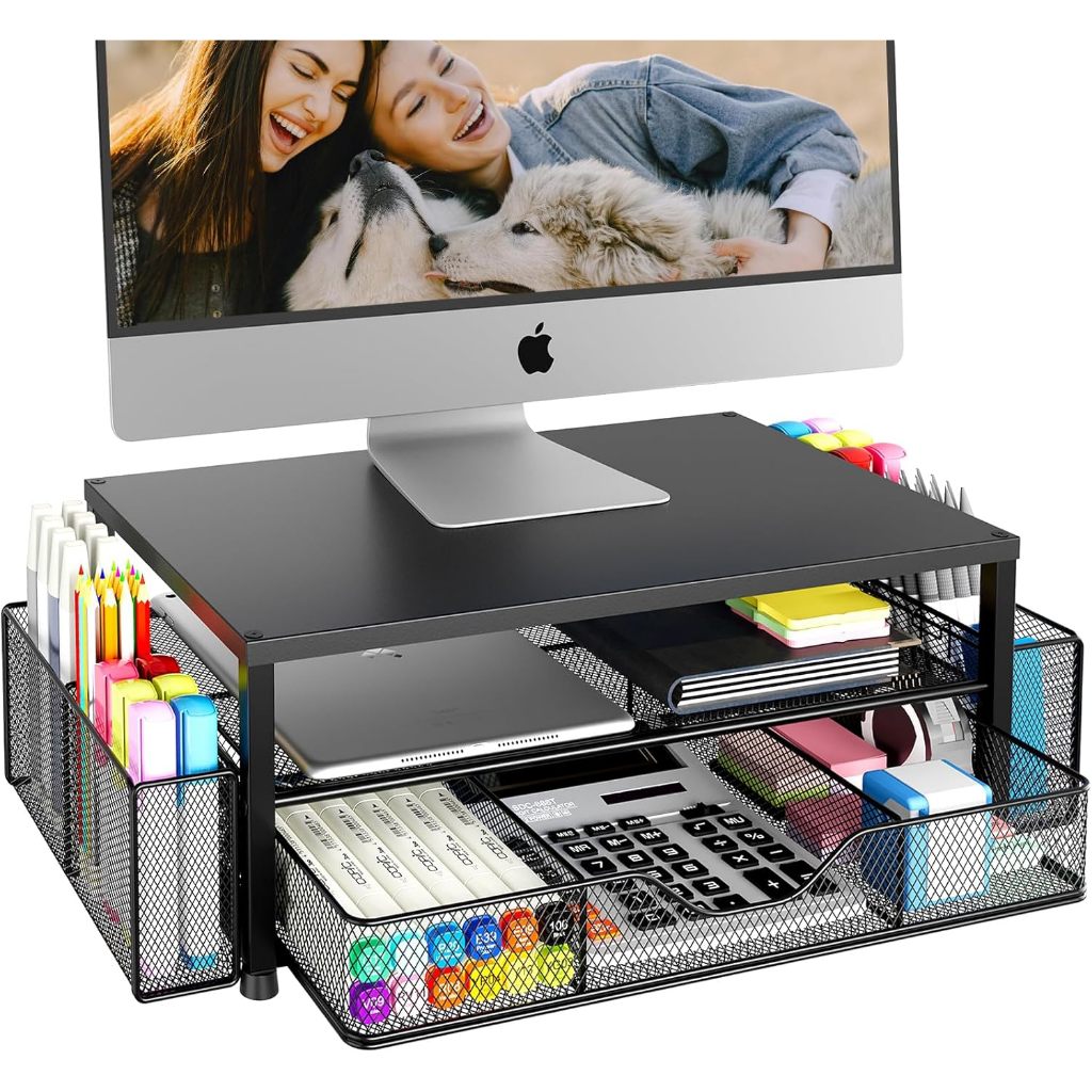 Monitor Riser with Drawer, 2-Tier Monitor Stand Riser and 2 Pen Holders ...