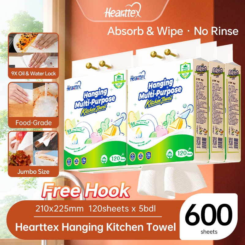 【1 Carton】Hearttex 120 Sheets 5Packs Wall Mounted Kitchen Paper Towel ...