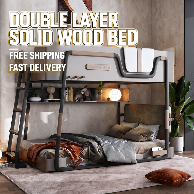 SANSHY Double Layer Solid Wood Bed With Bunk Top And Bottom Children's ...