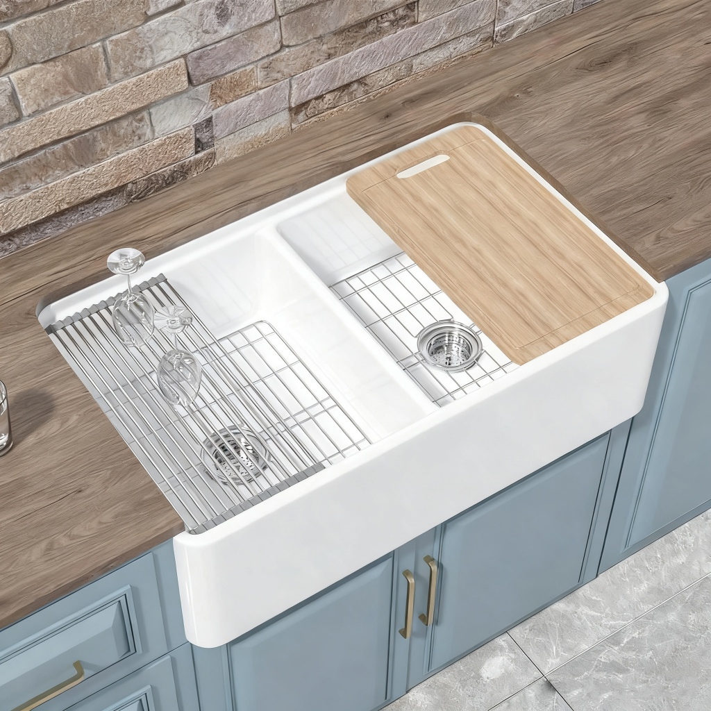 HOMLYLINK White Farmhouse Workstation Sink – 33" X 20" Double Bowl 50/50 Fireclay Apron Front, Reversible (Sleek Or Fluted), W/ Cutting Board & Grids