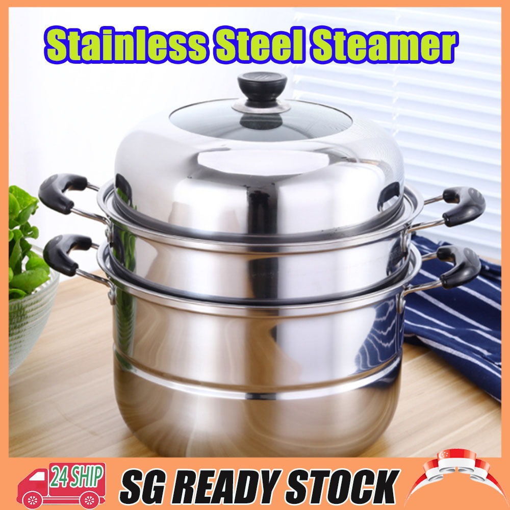 【SG STOCK】Stainless 32cm Steel Steamer Cookware Multi-functional 3 ...