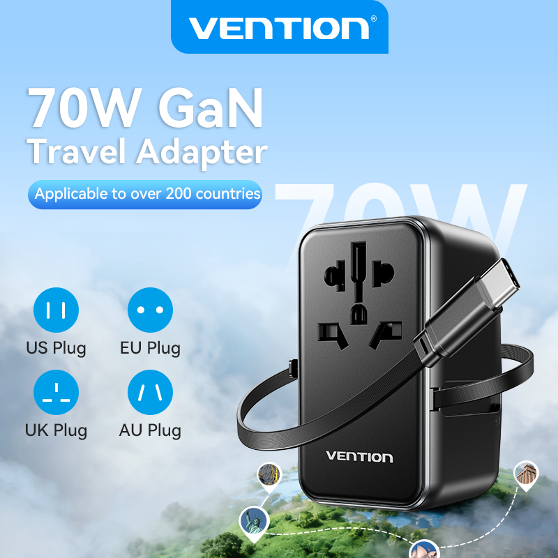 Vention Universal Travel Adapter 70W GaN Travel Charger Built in Cable ...