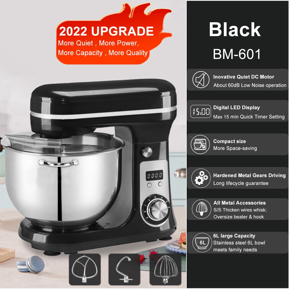 BioloMix 6L DC Quiet Motor 6 Speed Timer Display Food Stand Mixer