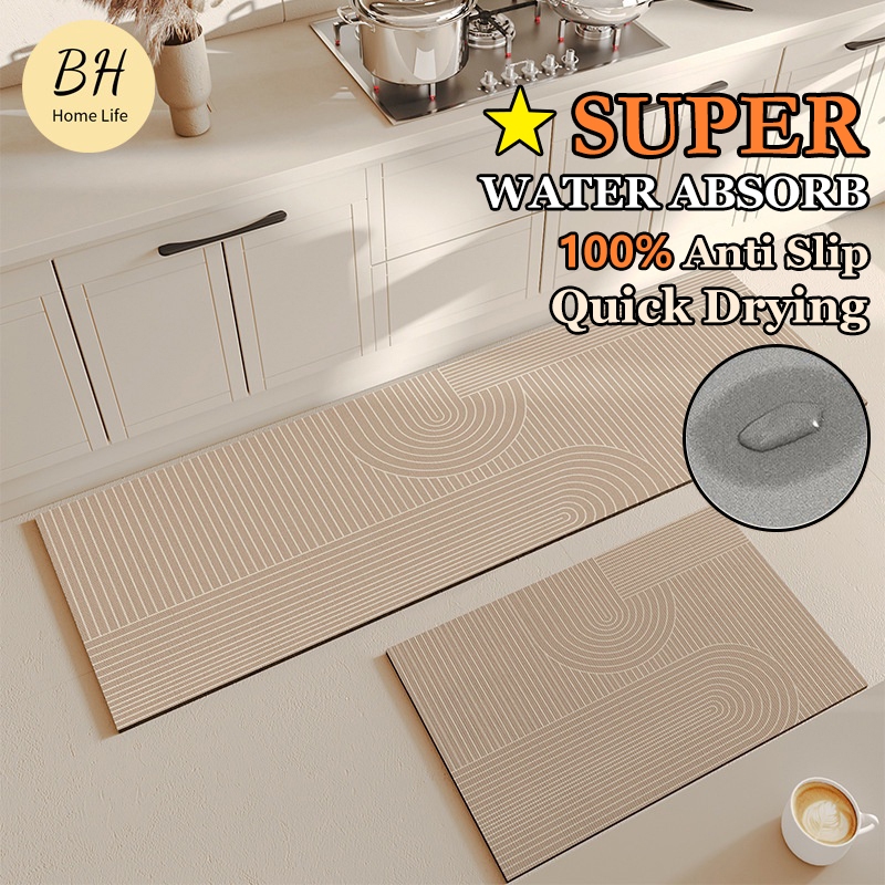 [BH]Japanese Plain Diatomite Long Mat Soft Kitchen Floor Mat Anti Slip ...
