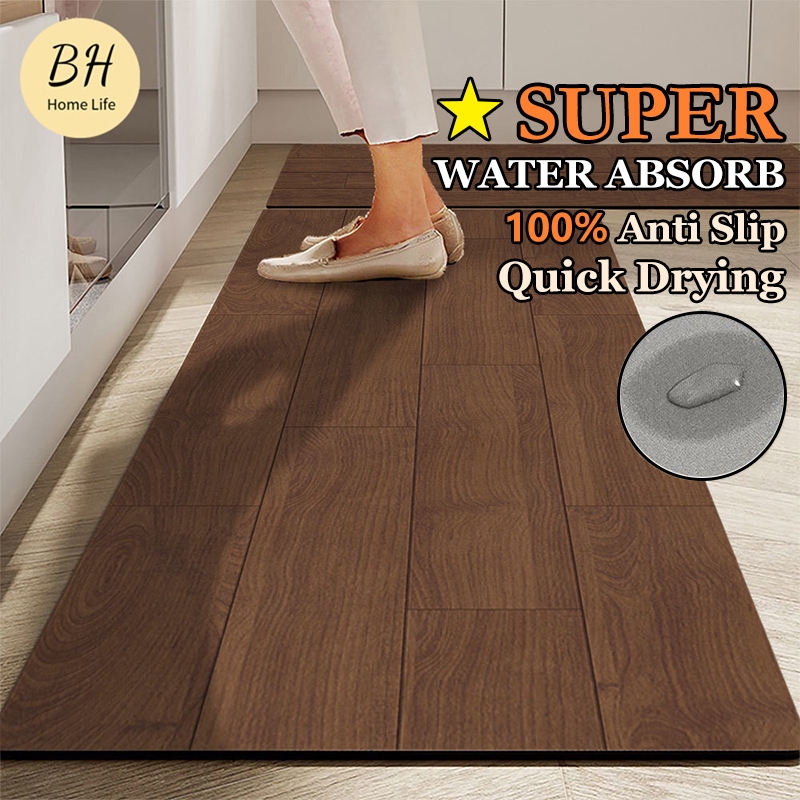 [BH]Simple Soft Diatomite Mat Wooden Design Kitchen Long Floor Mat Anti ...