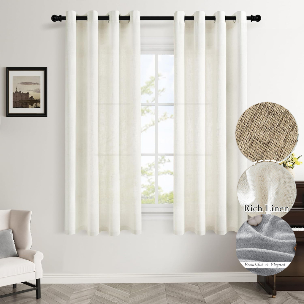 Linen Curtain Semi Sheer Drapes Light Filtering for HDB Bedroom Living ...