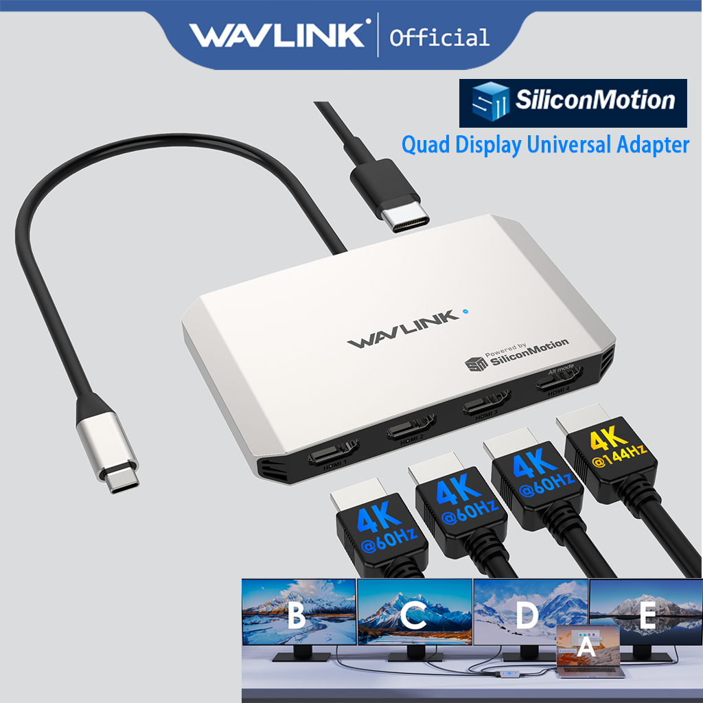 WAVLINK Universal Hub SMI Chip USB-C to Quad HDMI Adapter, 4K USB-C ...