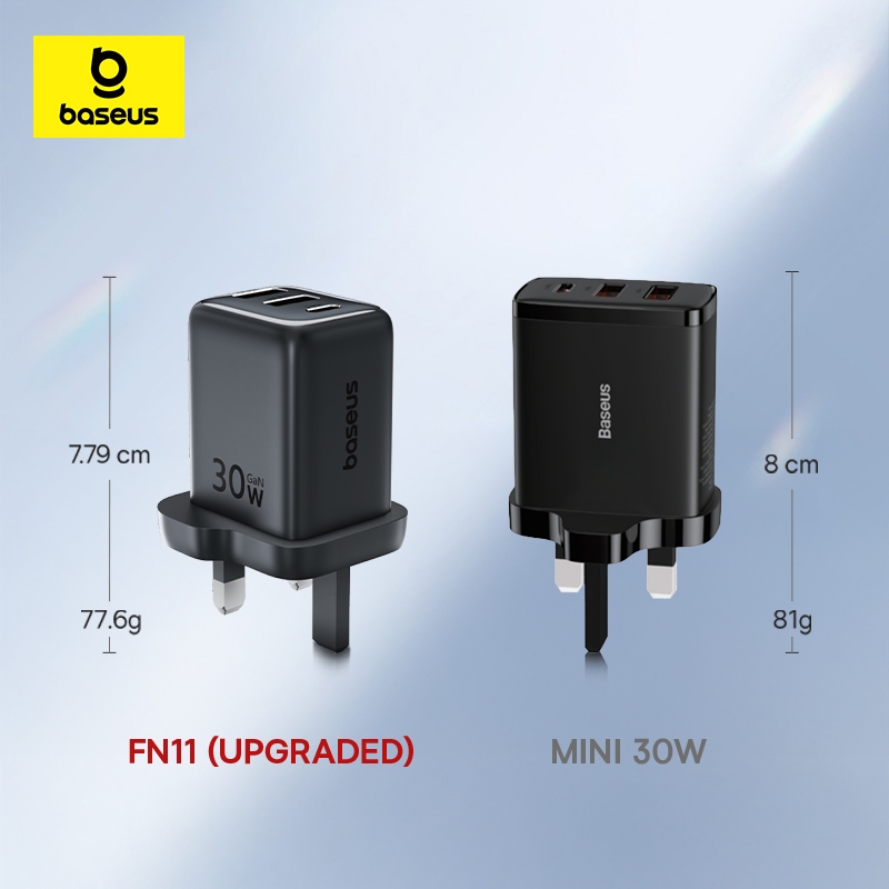 Baseus EnerFill FN11 30W Fast Charger UK Plug 2 USB + USB-C PD Multi ...