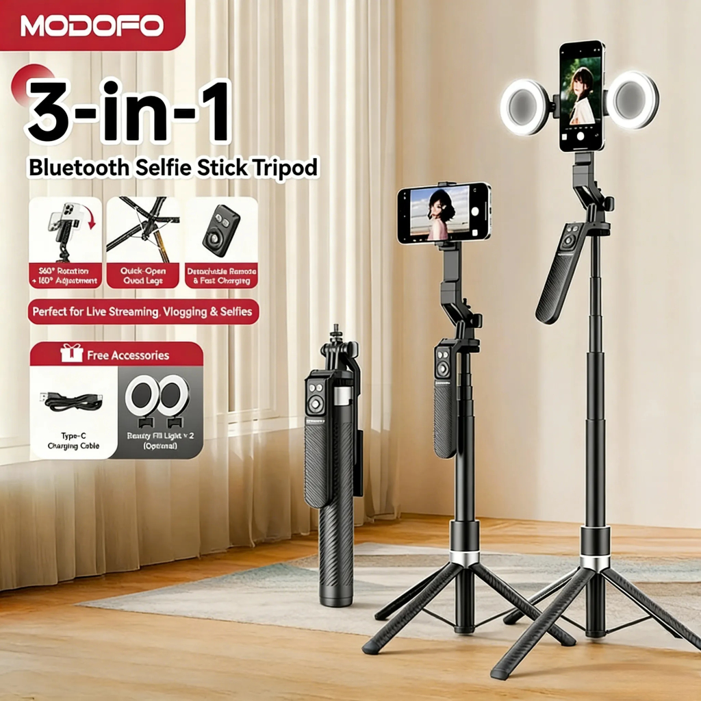 MODOFO Selfie Stick With Bluetooth Remote 4-Legged 1.8M 360°Rotation ...