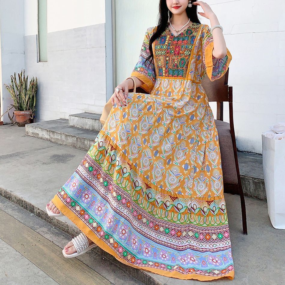 Clothes Women Dress Long Maxi Indian Summer Embroidery Chic Elegant Floral  Flower Vintage Frock Prom Bohemian Beach Holiday Party New Casual Dresses