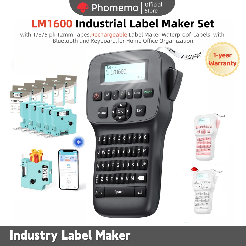 LM1600 Label Maker Machine Set with 1/3/5 pk 12mm Tapes,Rechargeable ...