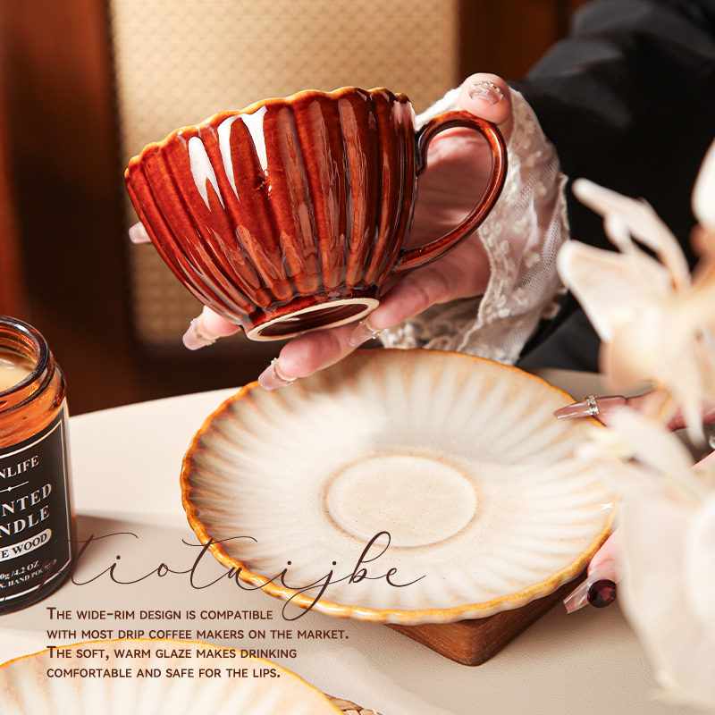 Kiln-Fired Red Glaze Ribbed Coffee Cup & Saucer Set 240ml Handmade ...